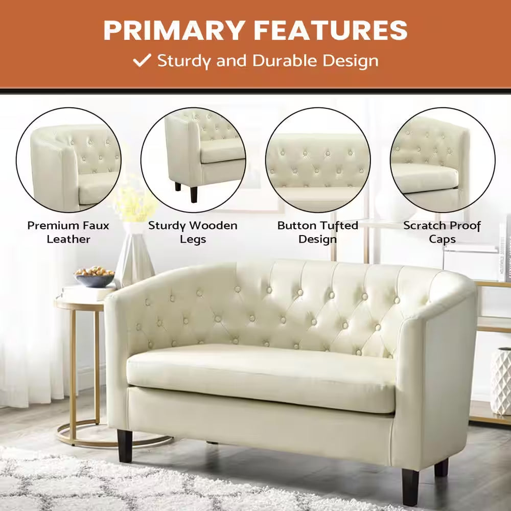 48 In. Cream Love Seat, Button Tufted Faux Leather Barrel Loveseat, Midcentury Modern 2 Seater Couch, Small Loveseat