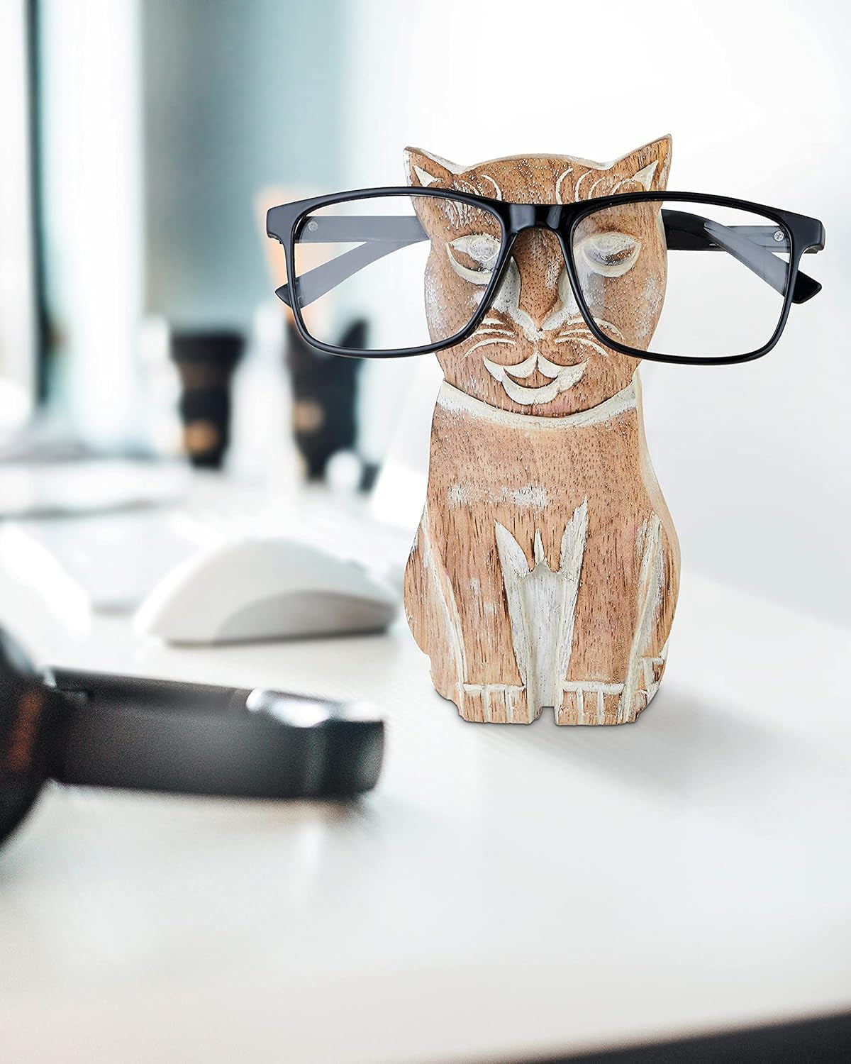 Cat Eyeglass Holder for Desk | Wood Spectacle Holder | White Wash Design | Tabletop Countertop Accessories | Optical Glass Protection | Home Office Desk Supplies | Home Office Decor | Great Gift