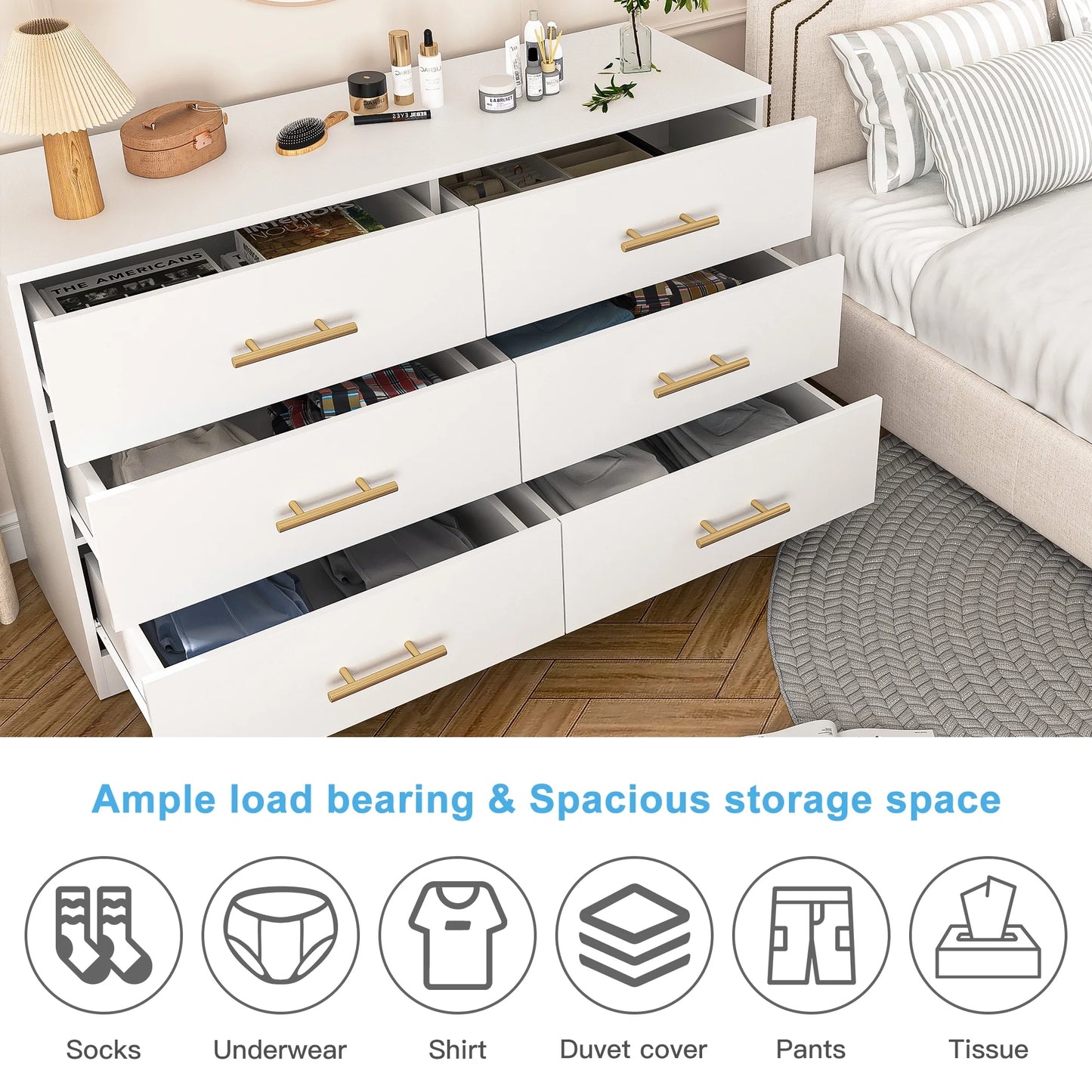 Yardi Yard Drawer Dresser, 6 Wooden Drawers Storage Dresser, Modern Chest of Drawer for Bedroom, Living Room, White