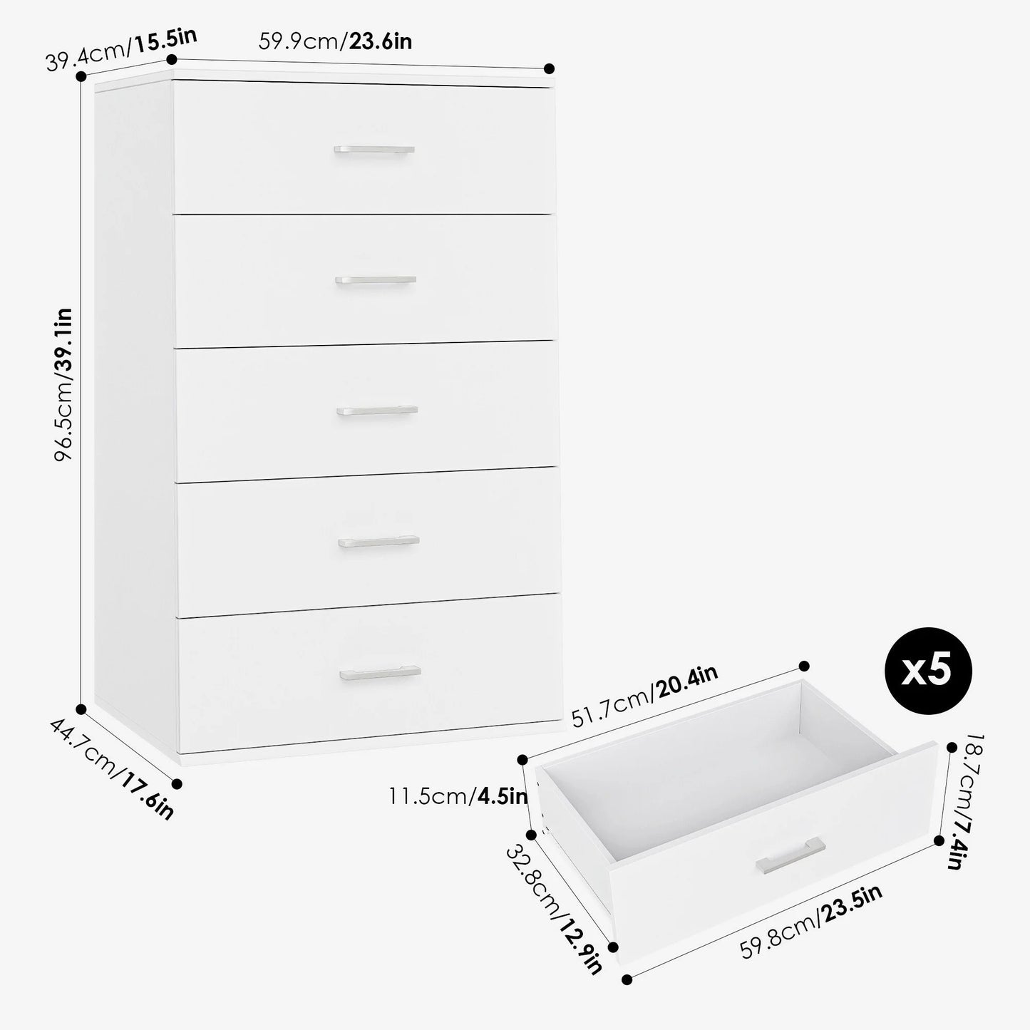 5 Drawers White Dresser, Vertical Dresser with Metal Handles for Bedroom Living Room