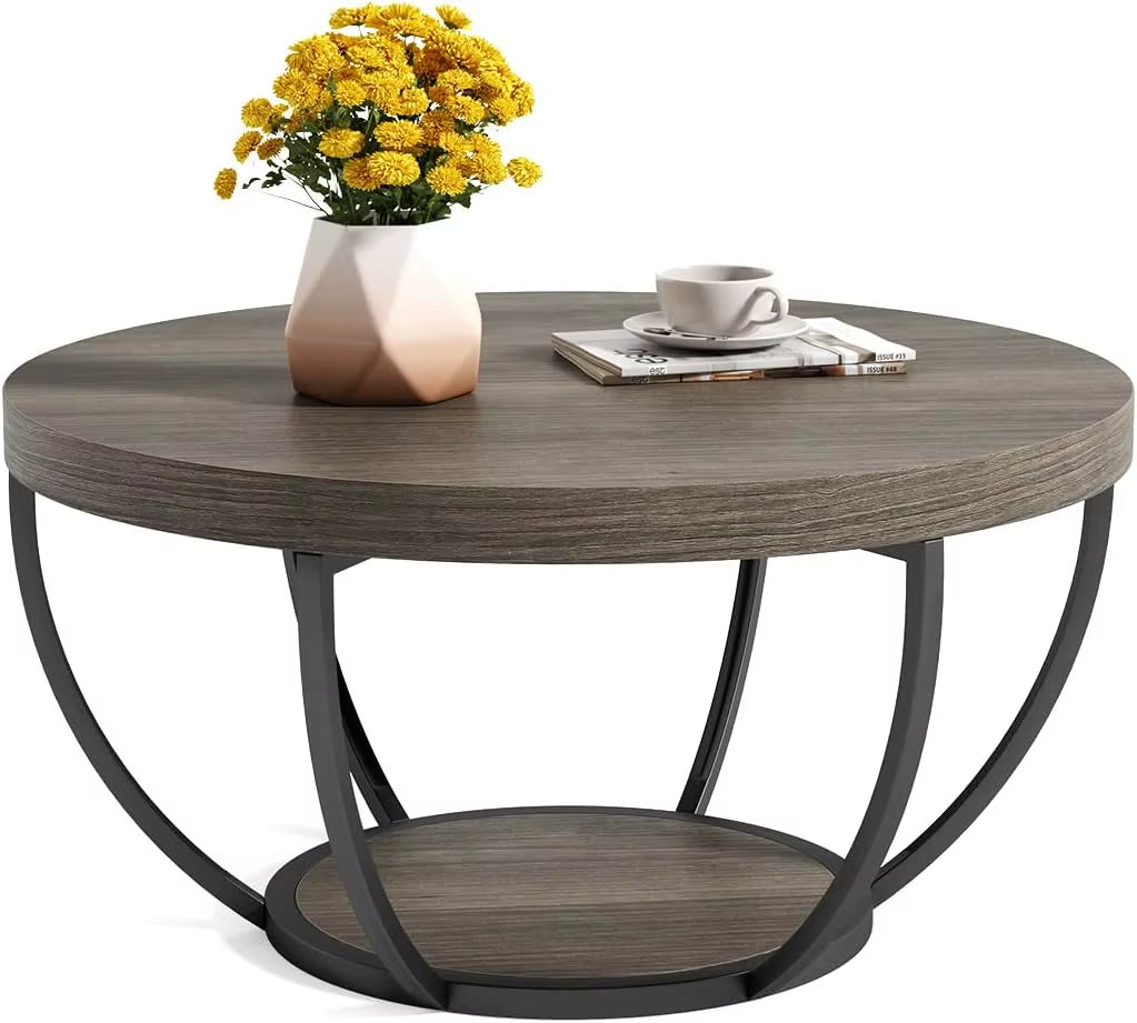 32" Circle Marble Coffee Tables, 2-Tier Golden Metal Legs Accent Center Table with Open Storage Modern Design Home Furniture