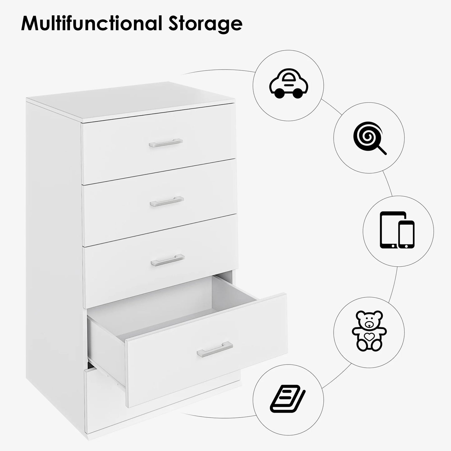 5 Drawers White Dresser, Vertical Dresser with Metal Handles for Bedroom Living Room