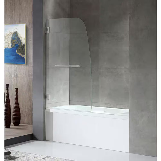 GRAND Series 31.5 In. X 58 In. Frameless Hinged Tub Door in Brushed Nickel with Towel Bar Handle