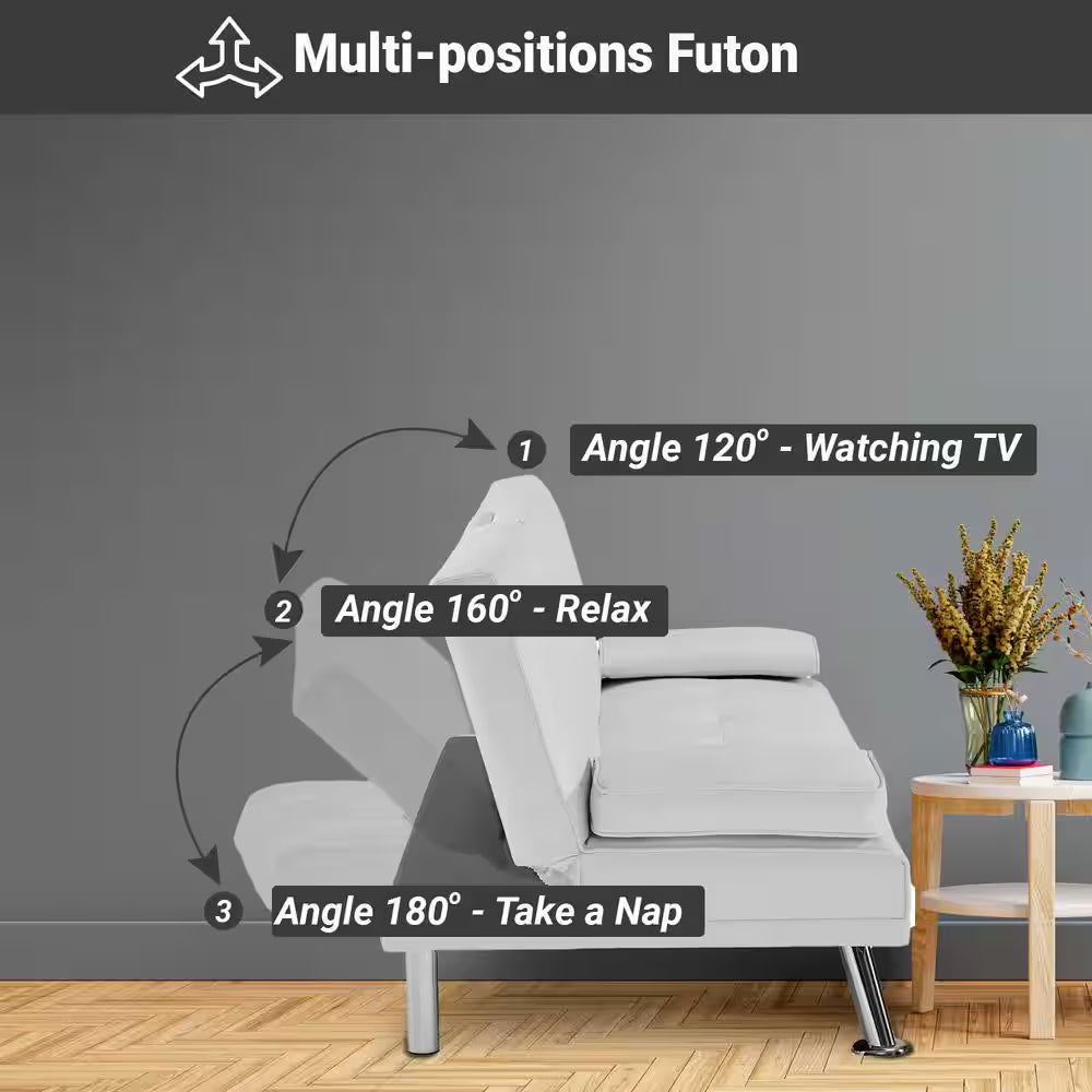 White, Futon Sofa Bed Faux Leather Futon Couch with Armrest and 2-Cupholders, Sofa Bed Couch Convertible with Metal Legs