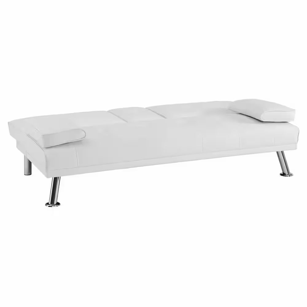 White, Futon Sofa Bed Faux Leather Futon Couch with Armrest and 2-Cupholders, Sofa Bed Couch Convertible with Metal Legs