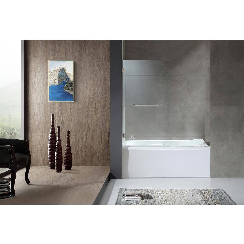 GRAND Series 31.5 In. X 58 In. Frameless Hinged Tub Door in Brushed Nickel with Towel Bar Handle