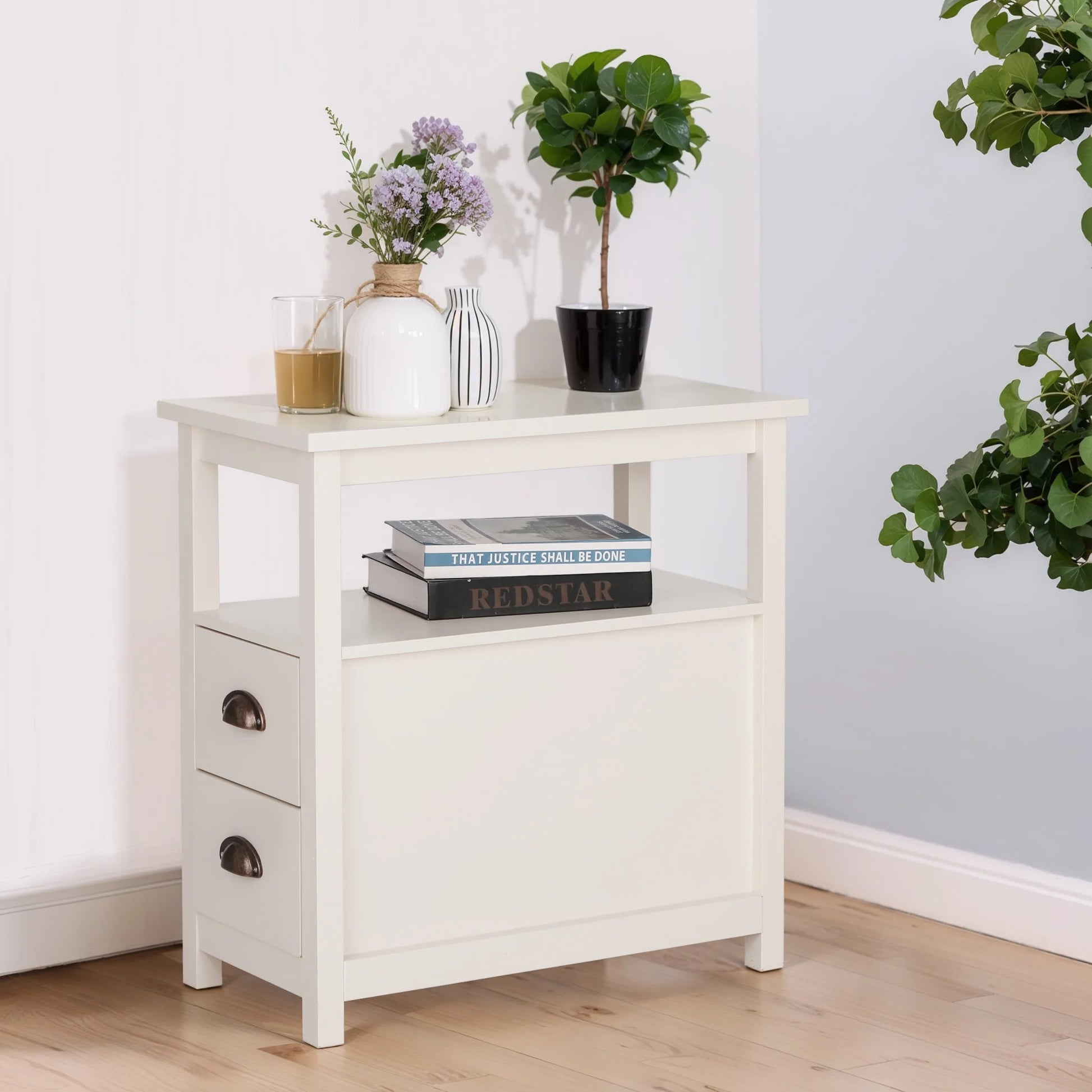 Narrow End Table 4-Tier Small Side Table with 2 Drawers Nightstand Side Table Bedside Table Sofa Table, White, 1PC