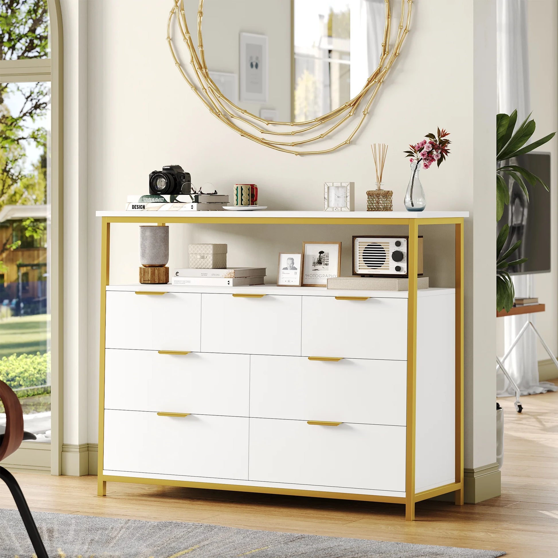 7 Drawer Dresser for Bedroom, Modern Sturdy Metal Frame Wood Storage Cabinet with Display Shelf for Living Room, White Gold