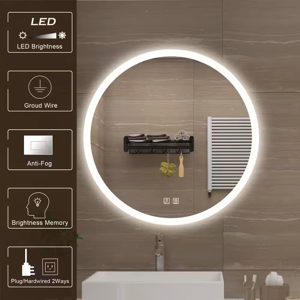 36 In. W X 36 In. H round Frameless LED Light with 3 Color and Anti-Fog Wall Mounted Bathroom Vanity Mirror