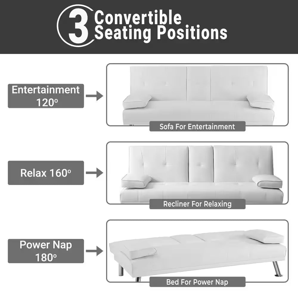 White, Futon Sofa Bed Faux Leather Futon Couch with Armrest and 2-Cupholders, Sofa Bed Couch Convertible with Metal Legs