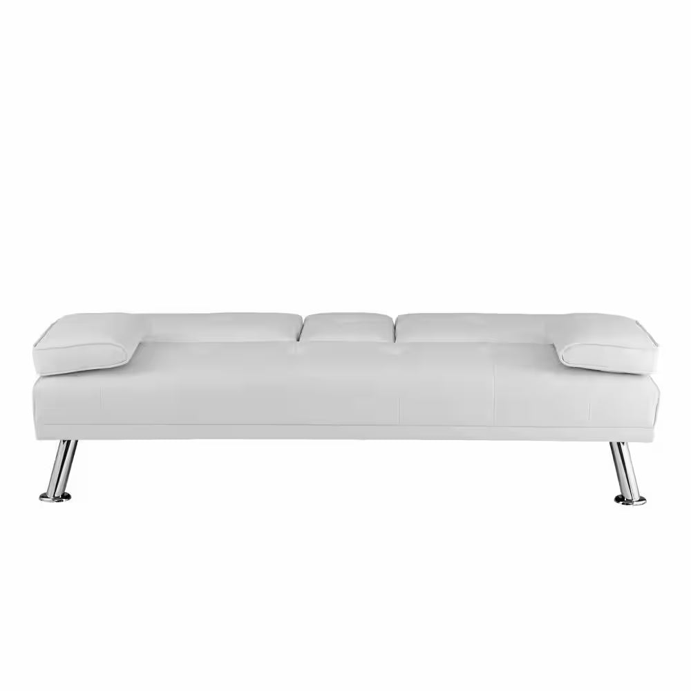 White, Futon Sofa Bed Faux Leather Futon Couch with Armrest and 2-Cupholders, Sofa Bed Couch Convertible with Metal Legs