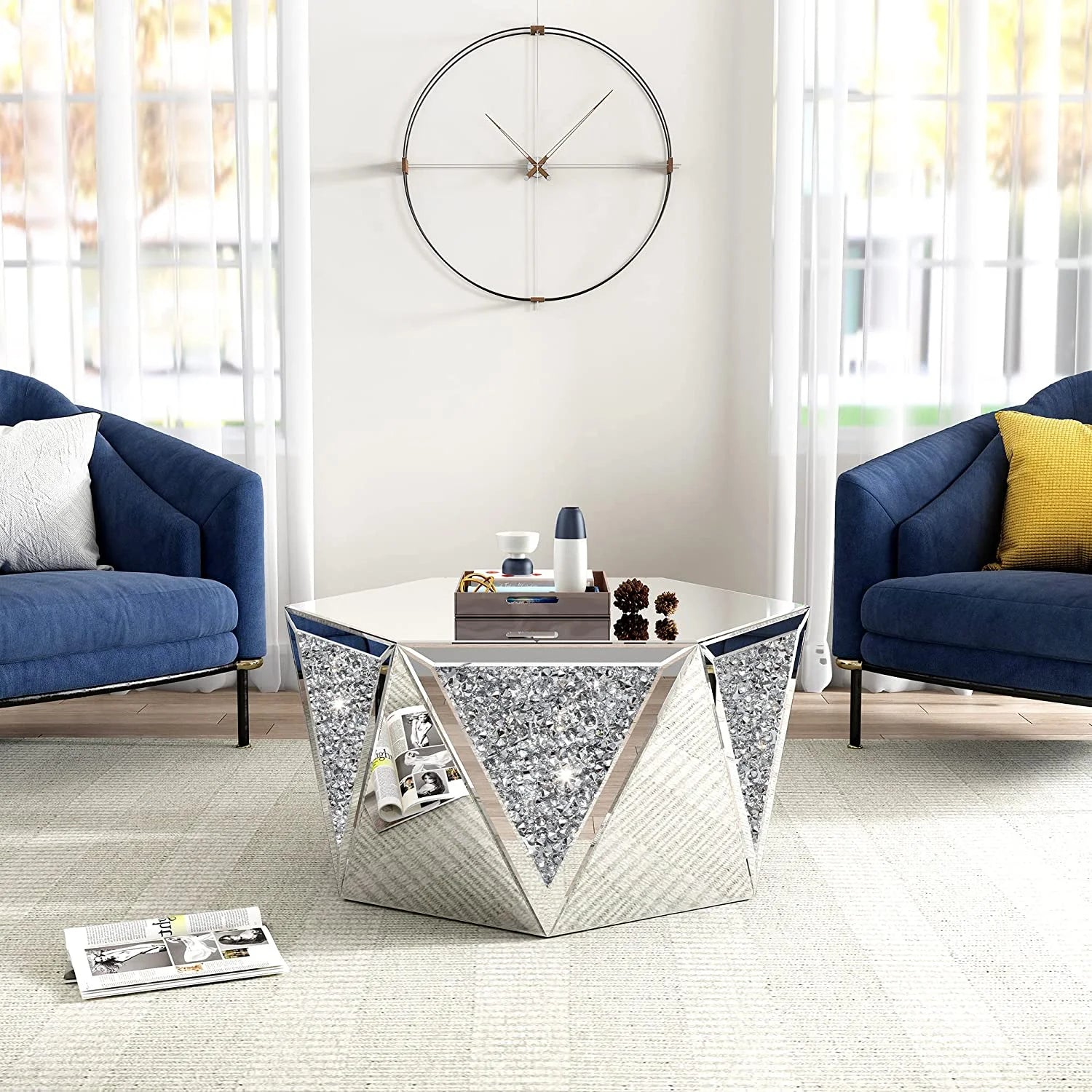 Glam Mirrored Coffee Table Crystal Diamond Accent Table Leisure Table Cocktail Table Center Table for Living Room Decor