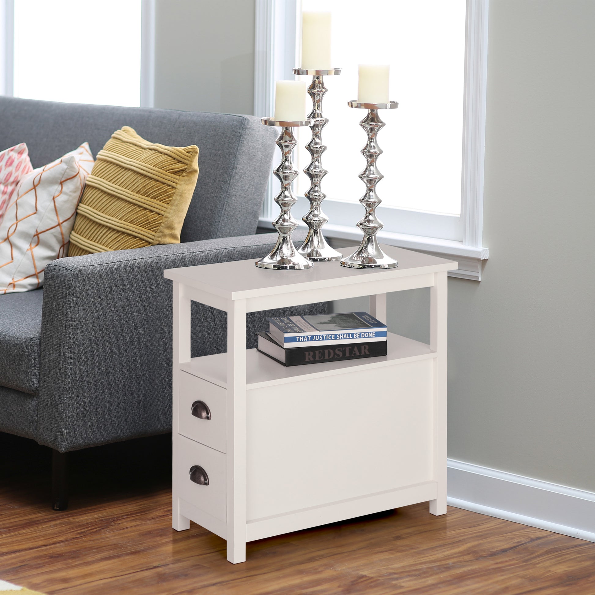 Narrow End Table 4-Tier Small Side Table with 2 Drawers Nightstand Side Table Bedside Table Sofa Table, White, 1PC