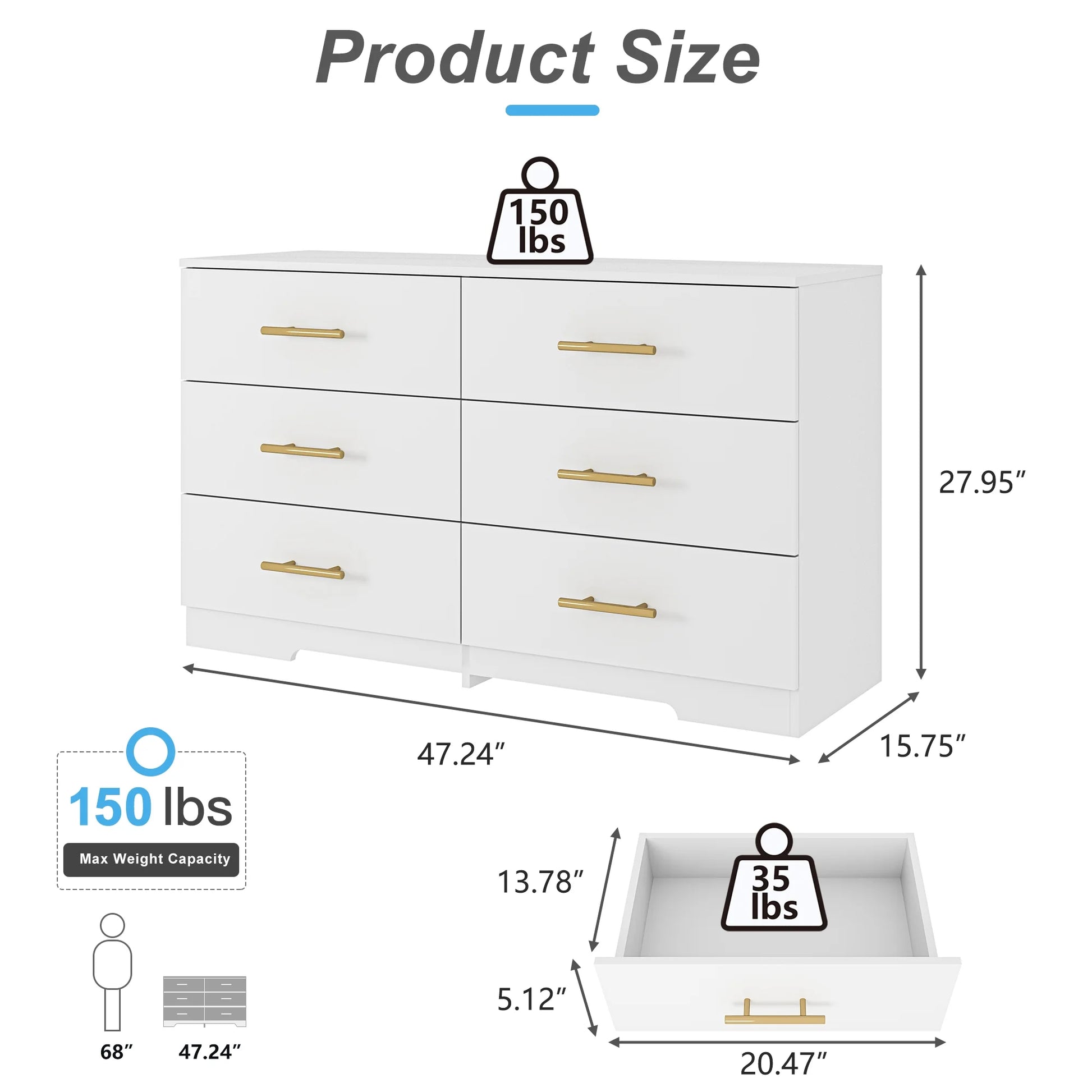 Yardi Yard Drawer Dresser, 6 Wooden Drawers Storage Dresser, Modern Chest of Drawer for Bedroom, Living Room, White