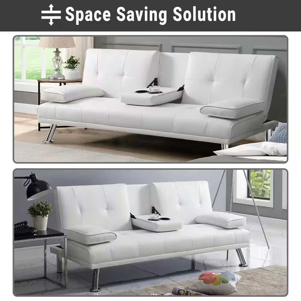 White, Futon Sofa Bed Faux Leather Futon Couch with Armrest and 2-Cupholders, Sofa Bed Couch Convertible with Metal Legs