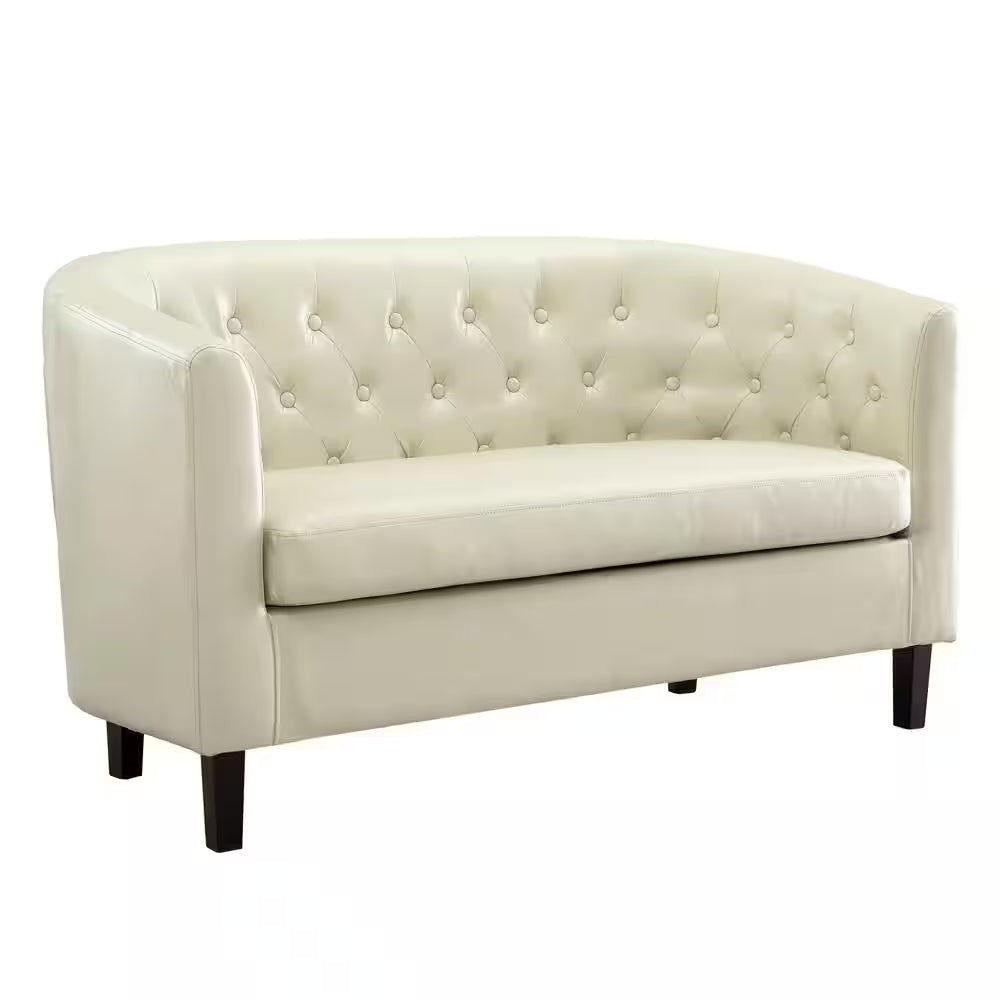 48 In. Cream Love Seat, Button Tufted Faux Leather Barrel Loveseat, Midcentury Modern 2 Seater Couch, Small Loveseat