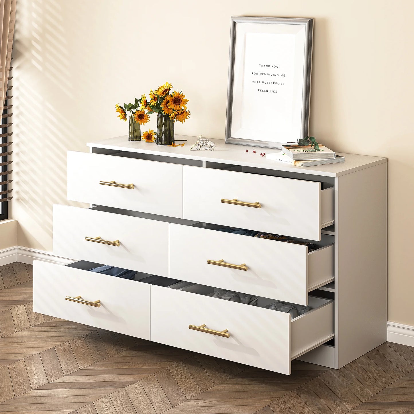 Yardi Yard Drawer Dresser, 6 Wooden Drawers Storage Dresser, Modern Chest of Drawer for Bedroom, Living Room, White