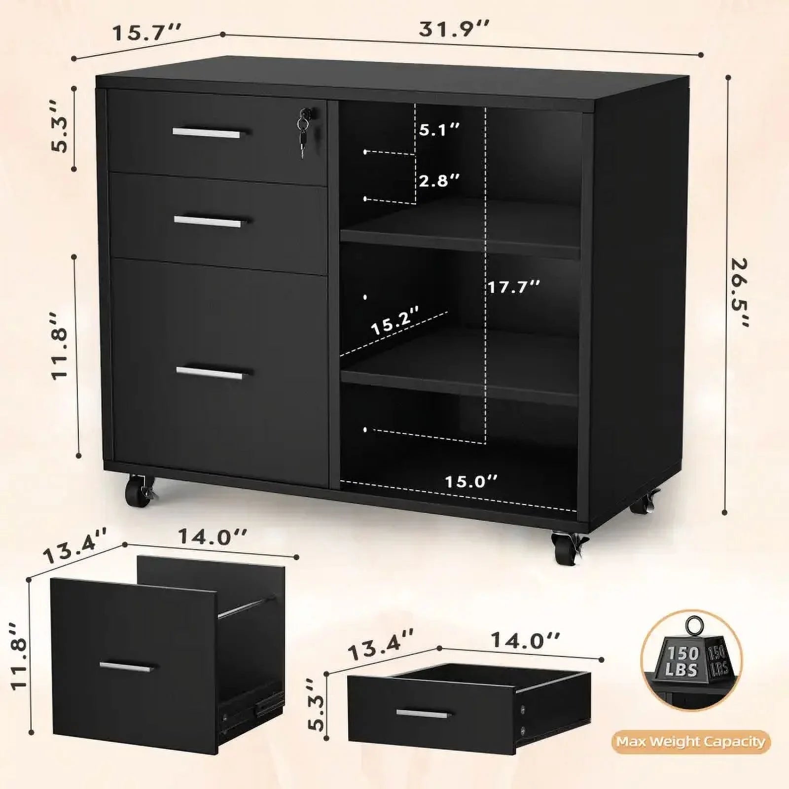 3 Drawers File Cabinet for Home and Office