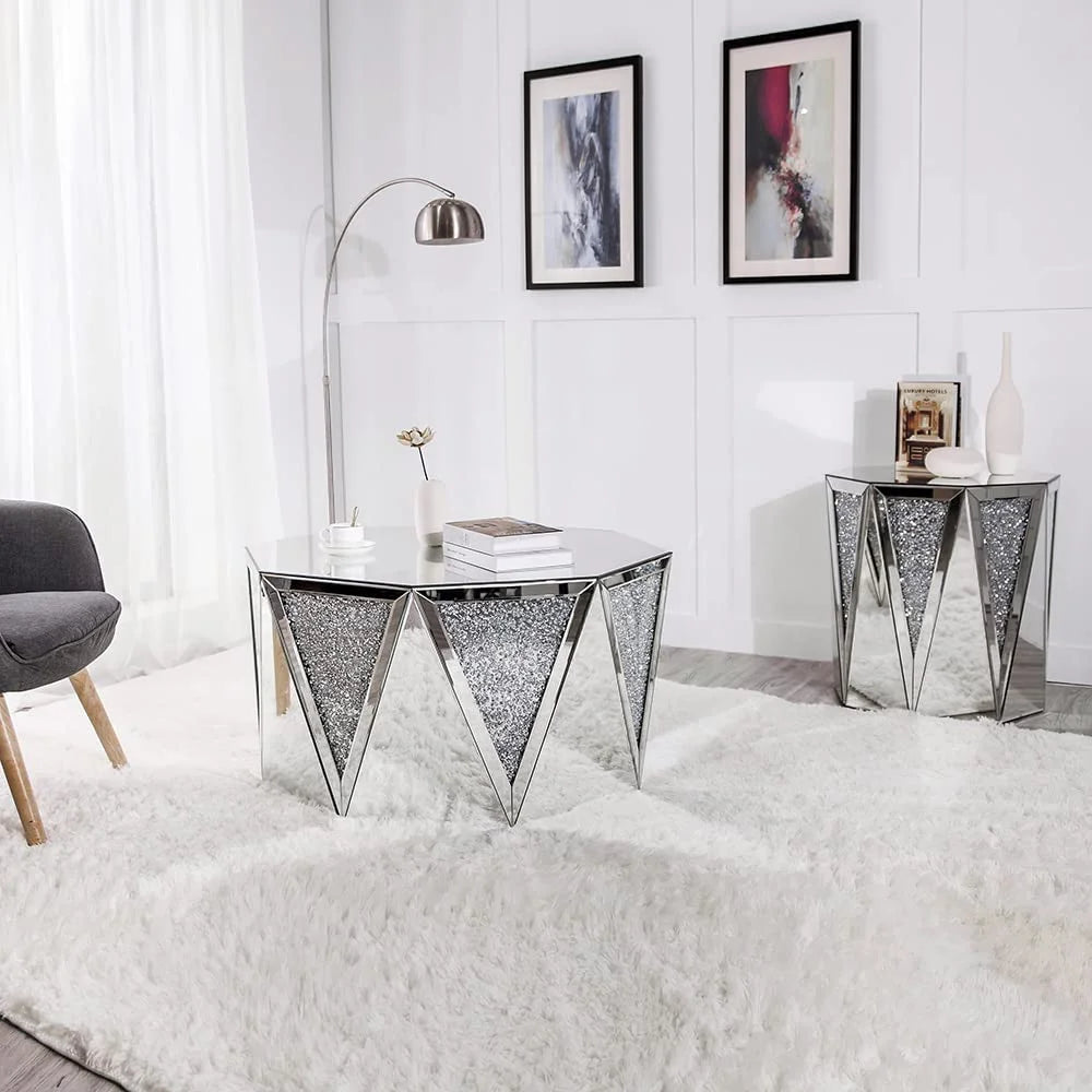 Glam Mirrored Coffee Table Crystal Diamond Accent Table Leisure Table Cocktail Table Center Table for Living Room Decor