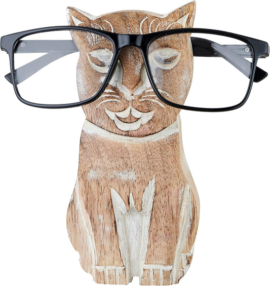 Cat Eyeglass Holder for Desk | Wood Spectacle Holder | White Wash Design | Tabletop Countertop Accessories | Optical Glass Protection | Home Office Desk Supplies | Home Office Decor | Great Gift