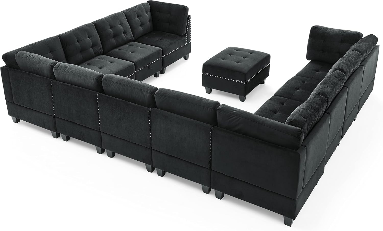 142'' U-Shape Velvet Sectional Sofa Couch，Diy Combination Includes 7 Single Chair 4 Corner and 1 Ottoman, Living Room Furniture Set for Villa & House,Black