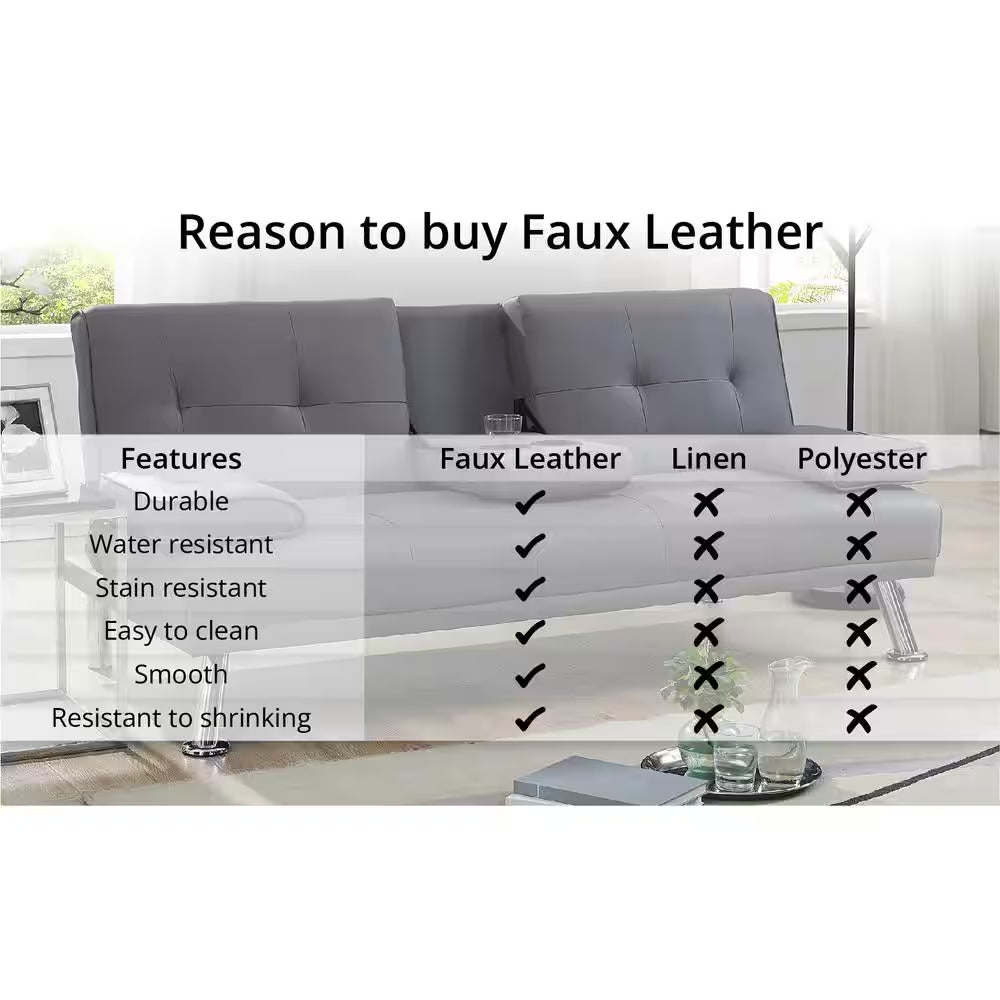 White, Futon Sofa Bed Faux Leather Futon Couch with Armrest and 2-Cupholders, Sofa Bed Couch Convertible with Metal Legs