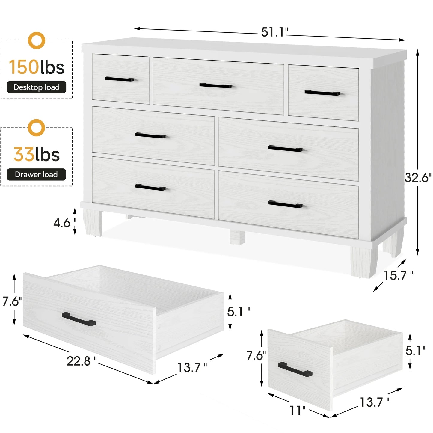 Vintage Dresser with 7 Drawers, Vintage Design Wood Drawer Dresser Chest for Closet, Bedroom