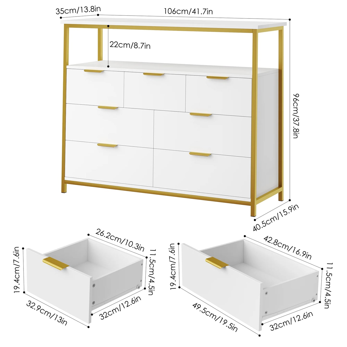 7 Drawer Dresser for Bedroom, Modern Sturdy Metal Frame Wood Storage Cabinet with Display Shelf for Living Room, White Gold