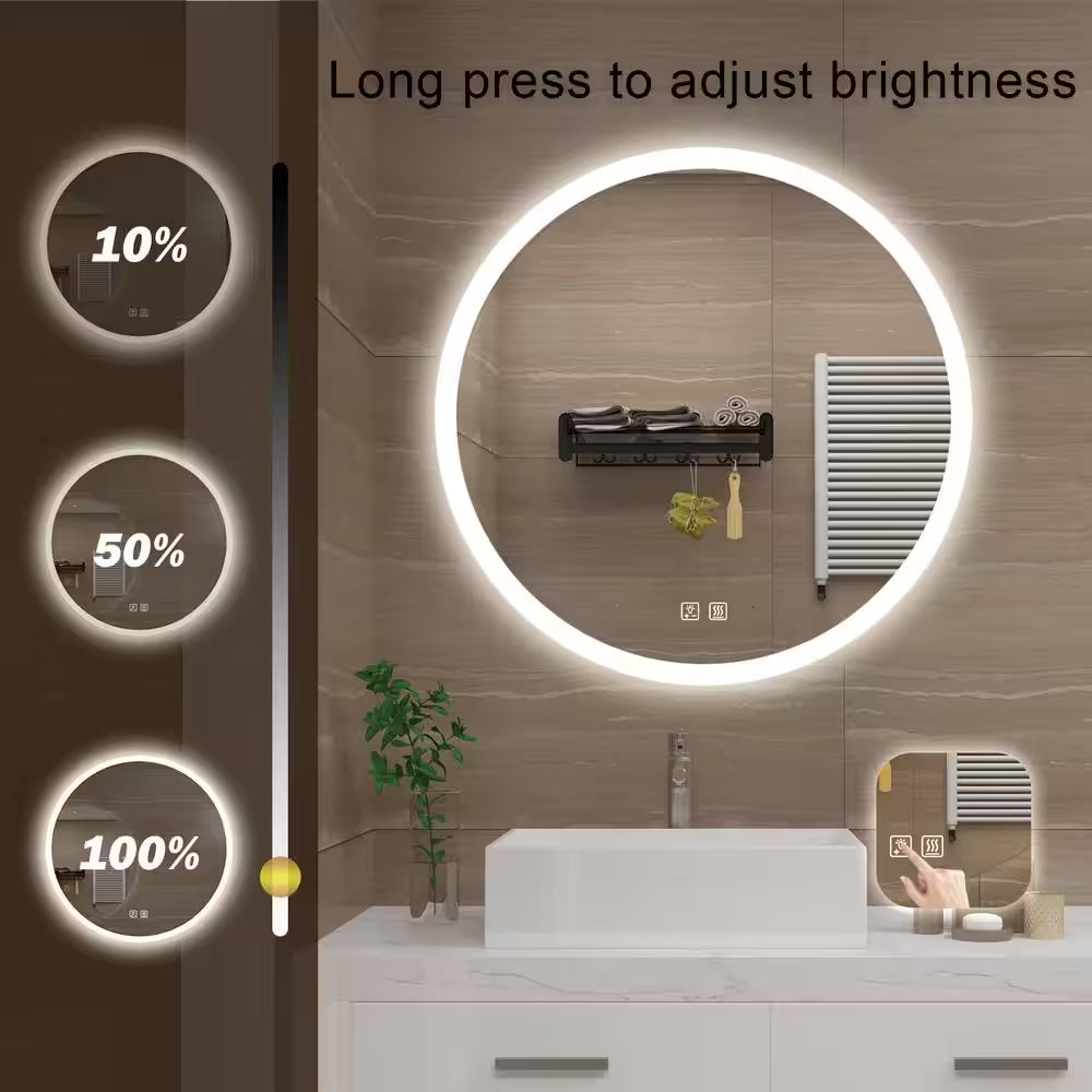 36 In. W X 36 In. H round Frameless LED Light with 3 Color and Anti-Fog Wall Mounted Bathroom Vanity Mirror