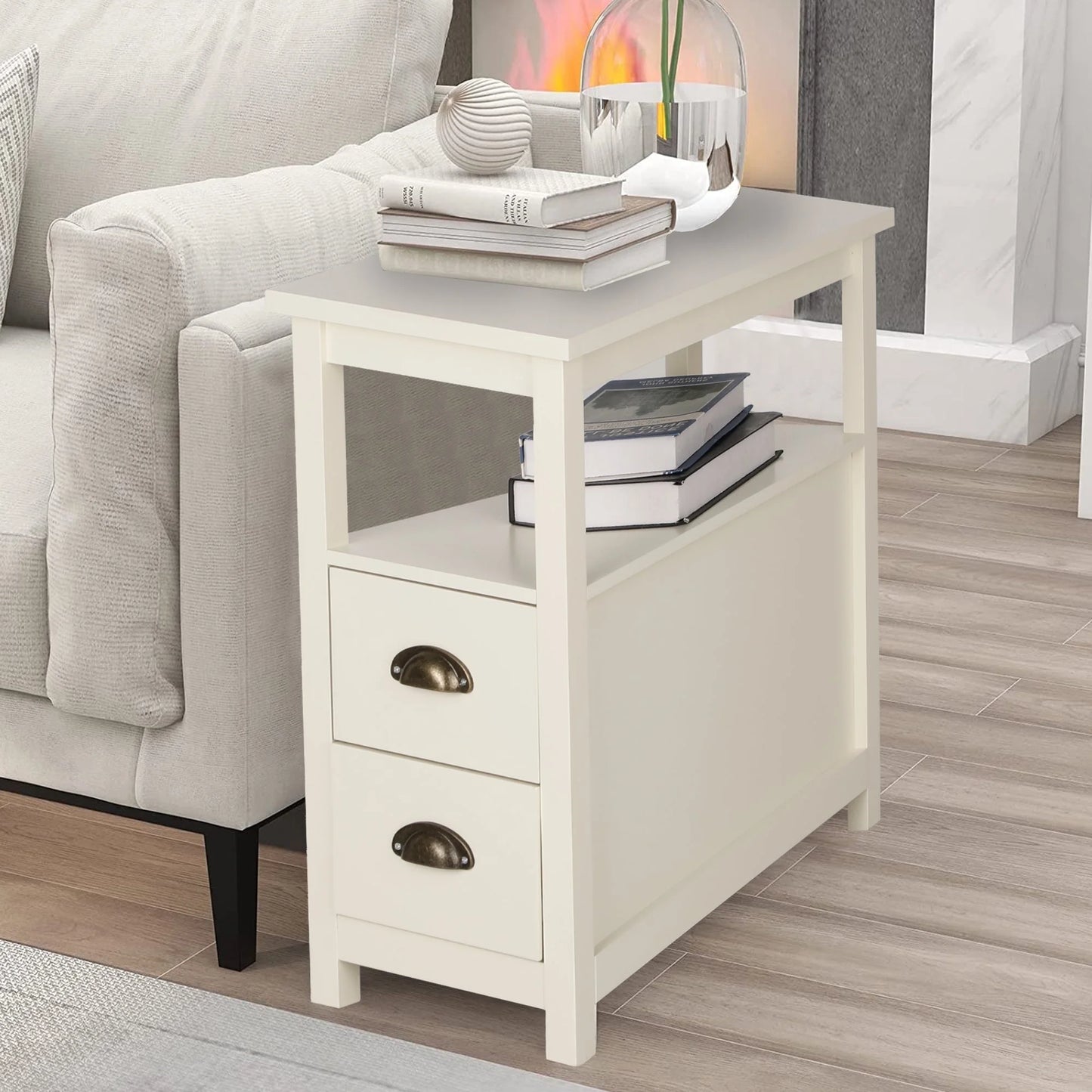 Narrow End Table 4-Tier Small Side Table with 2 Drawers Nightstand Side Table Bedside Table Sofa Table, White, 1PC