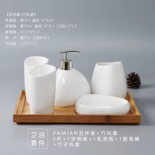 China Ceramics Bathroom Accessories Set Soap Dispenser/Toothbrush Holder/Tumbler/Soap Dish Tray Washing Set Bathroom Products