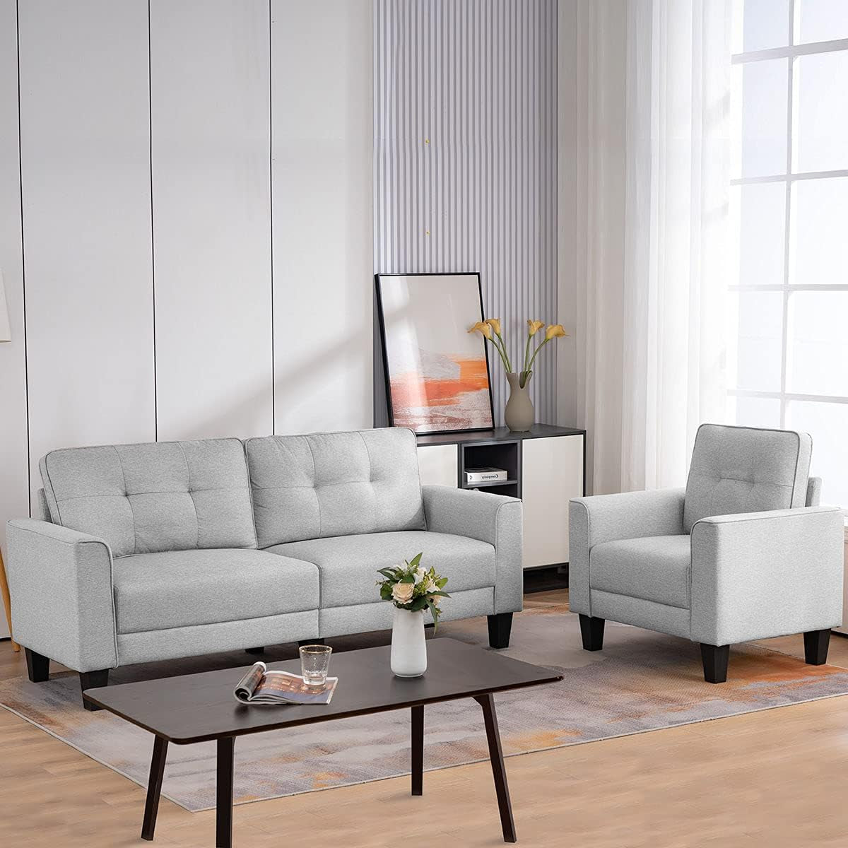 Sectional Couch for Living Room with Square Arm, Loveseat Sofa Couch with Solid Wood Frame, Living Room Furniture Sets, Small Sofa Suitable for Living Room, Bedroom, Small Spaces, Gray