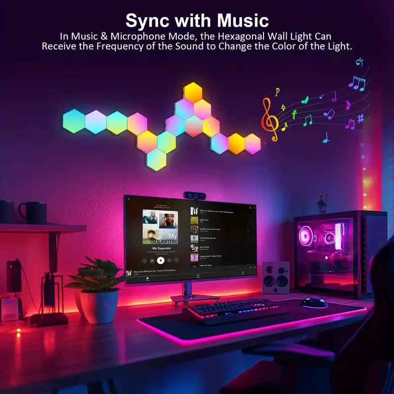 Smart LED Hexagon Wall Lights,Light Panels, RGB-IC Home Decor Creative Lights with Music Sync,For Gaming Rooms,,Living Room