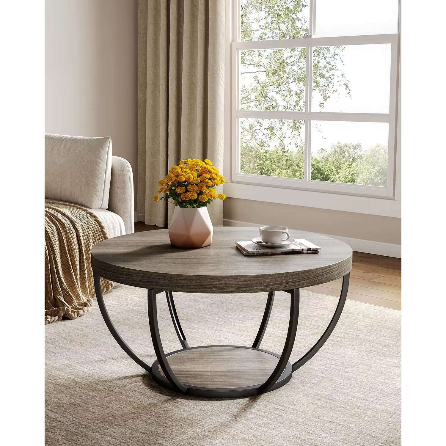 32" Circle Marble Coffee Tables, 2-Tier Golden Metal Legs Accent Center Table with Open Storage Modern Design Home Furniture