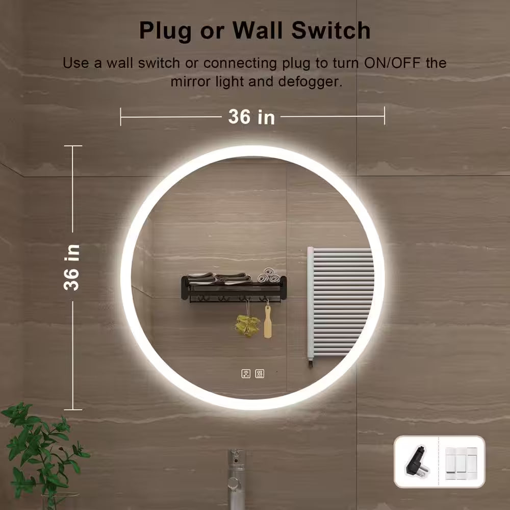 36 In. W X 36 In. H round Frameless LED Light with 3 Color and Anti-Fog Wall Mounted Bathroom Vanity Mirror