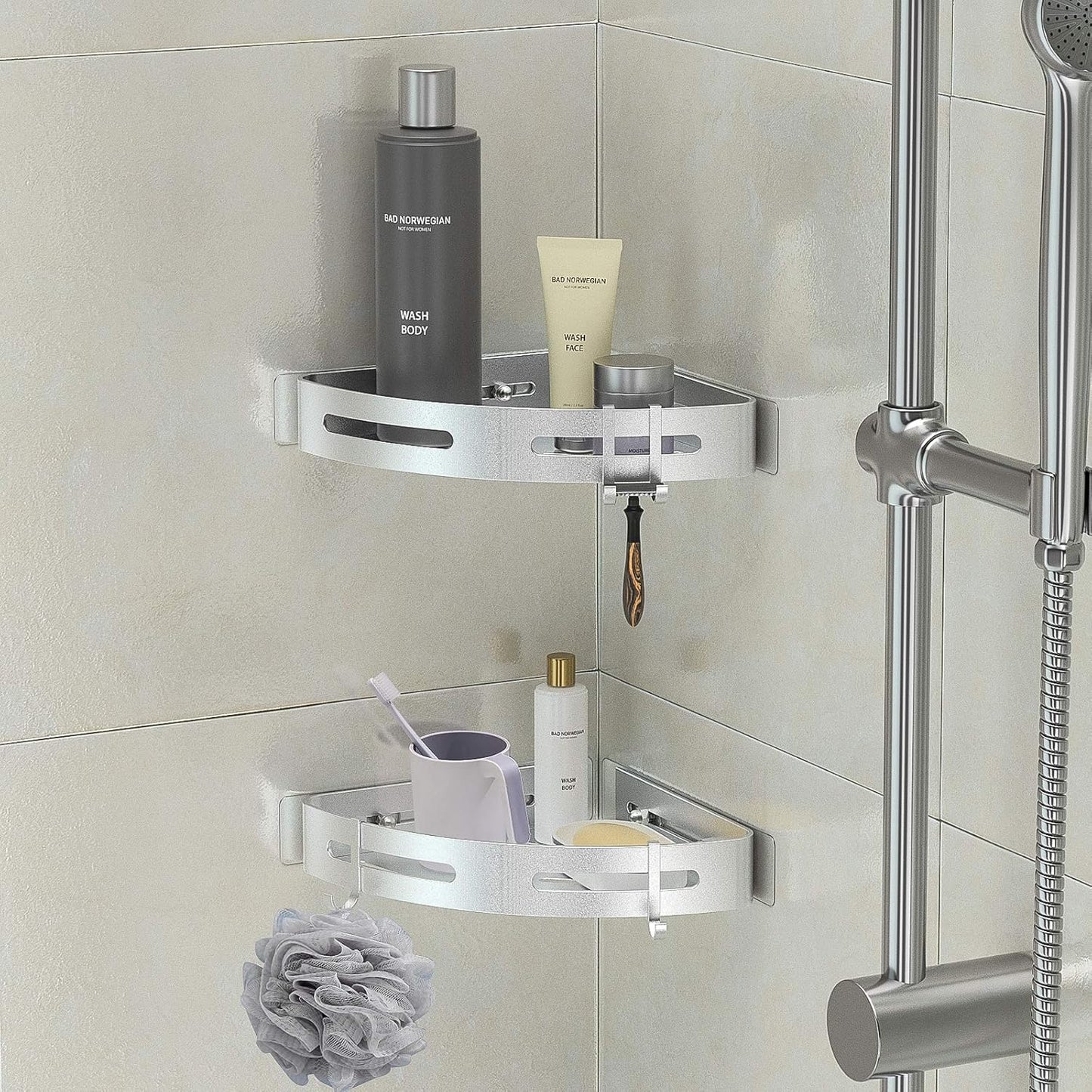 Corner Shower Caddy Shelf with 4 Hooks Wall Mounted Storage Rack Organizer Adhesive Rustproof No Drilling Aluminum for Bathroom Toilet Kitchen - 2 Pack