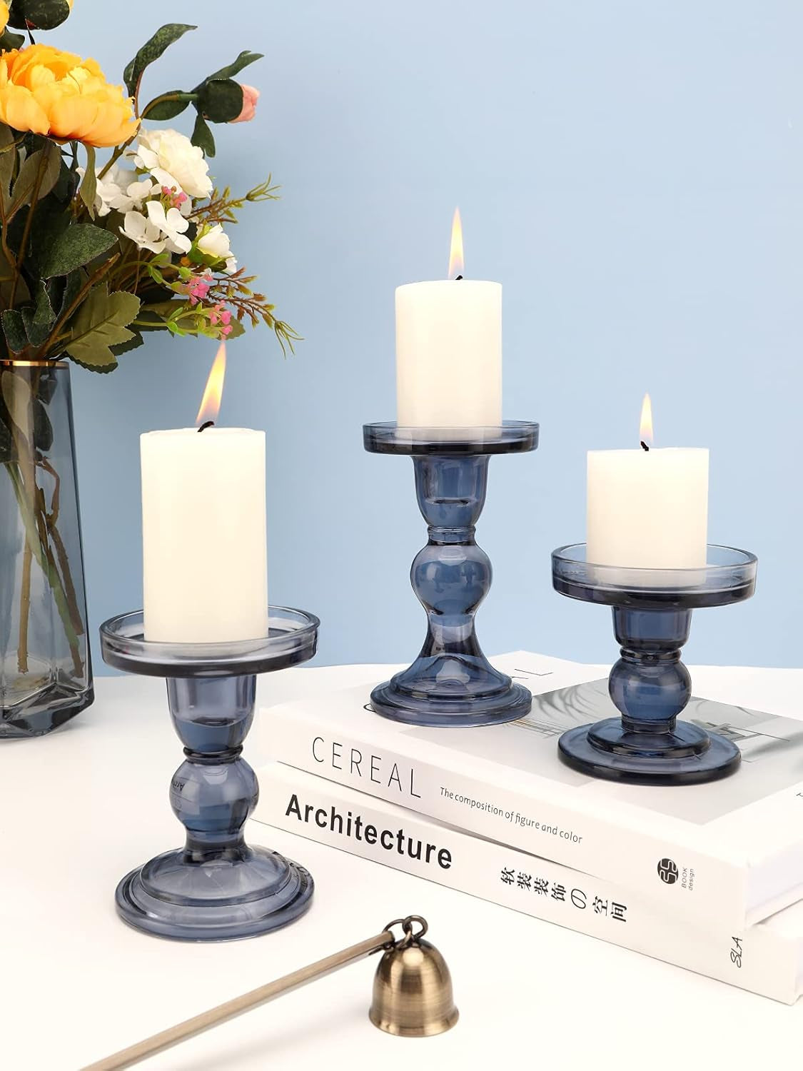 Glass Candle Holders, 3 Pieces Crystal Clear Candlesticks with Elegant Design for Pillar Taper Candle and Tea Light, Home Table Living Room Wedding Party Decorations Home Décor - Smoky Blue