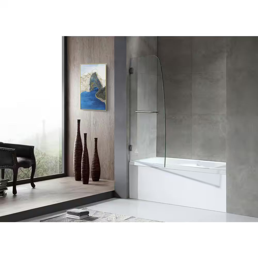 GRAND Series 31.5 In. X 58 In. Frameless Hinged Tub Door in Brushed Nickel with Towel Bar Handle