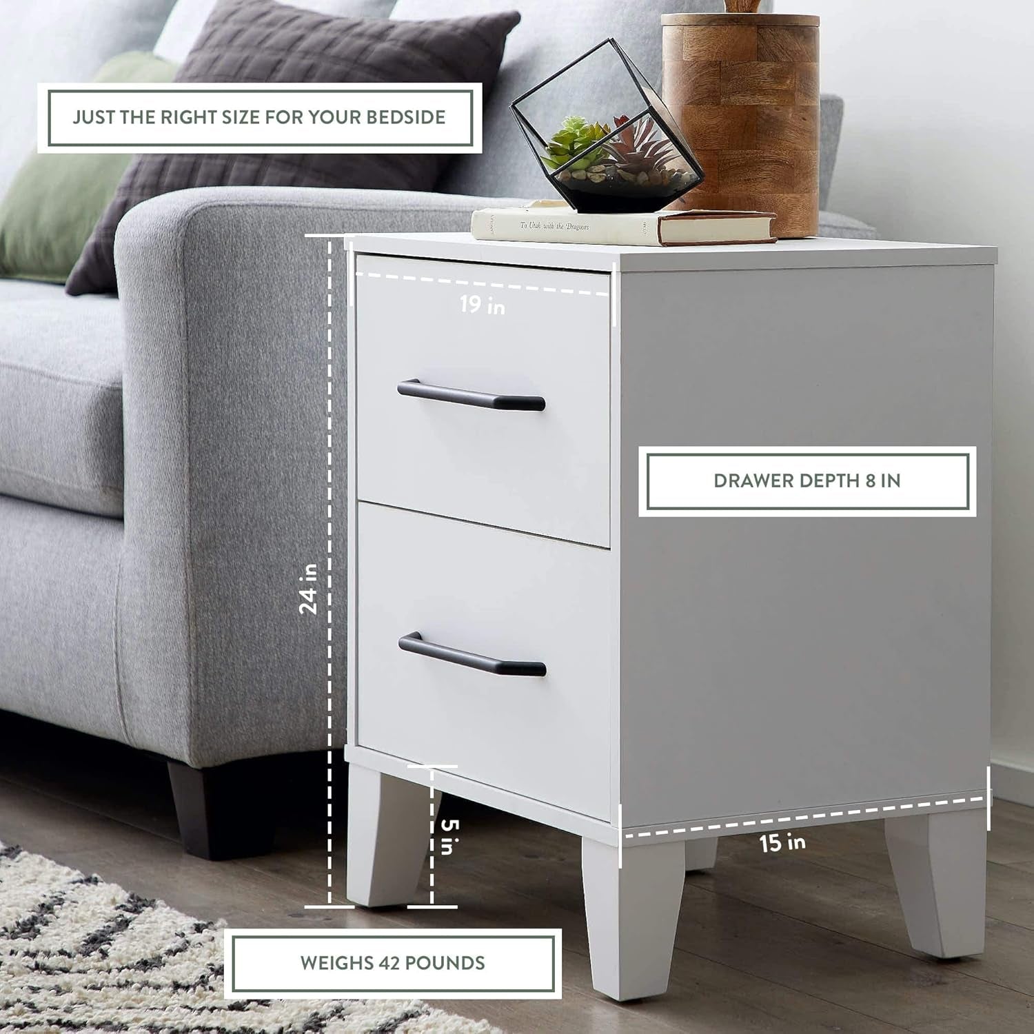 Dresser for Bedroom - Two Drawer -Modern Design-Easy Assembly, White