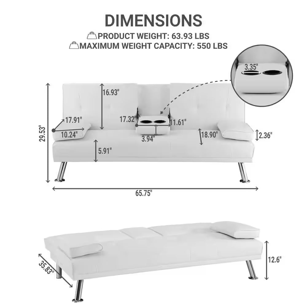 White, Futon Sofa Bed Faux Leather Futon Couch with Armrest and 2-Cupholders, Sofa Bed Couch Convertible with Metal Legs