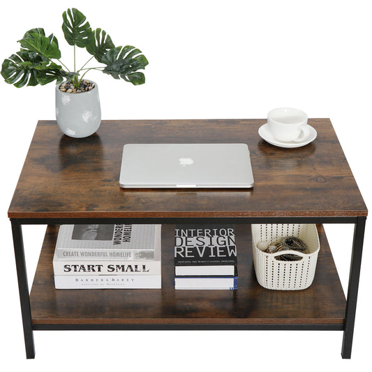 31" Rustic Wood Coffee Table Rectangular Coffee Table with Storage Shelf Durable