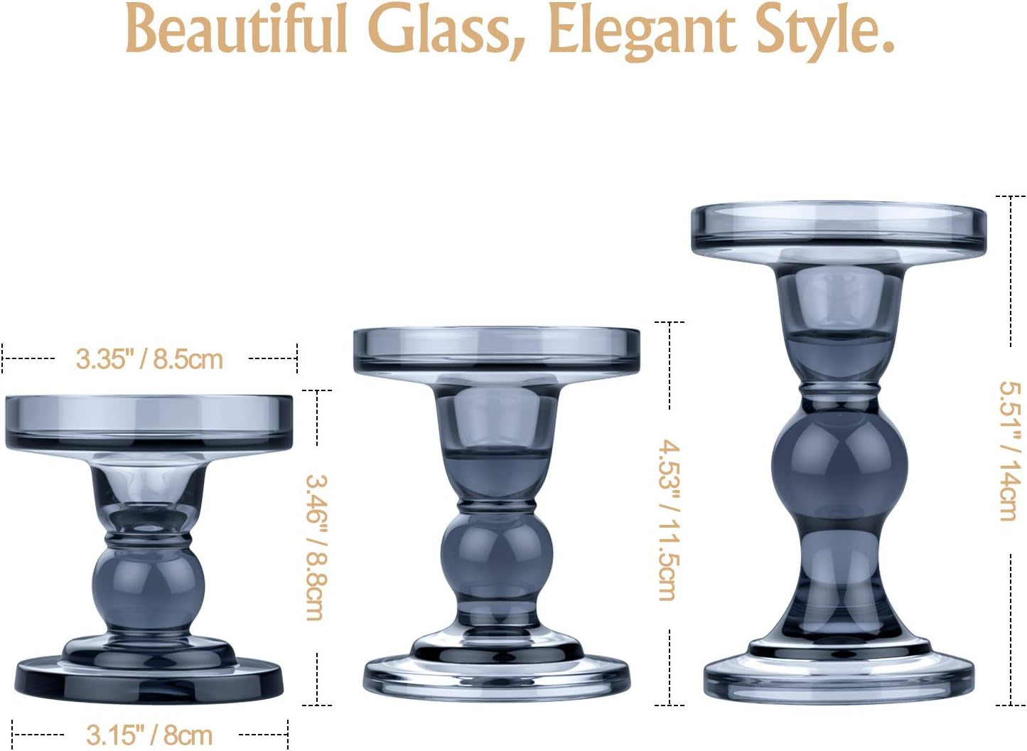 Glass Candle Holders, 3 Pieces Crystal Clear Candlesticks with Elegant Design for Pillar Taper Candle and Tea Light, Home Table Living Room Wedding Party Decorations Home Décor - Smoky Blue