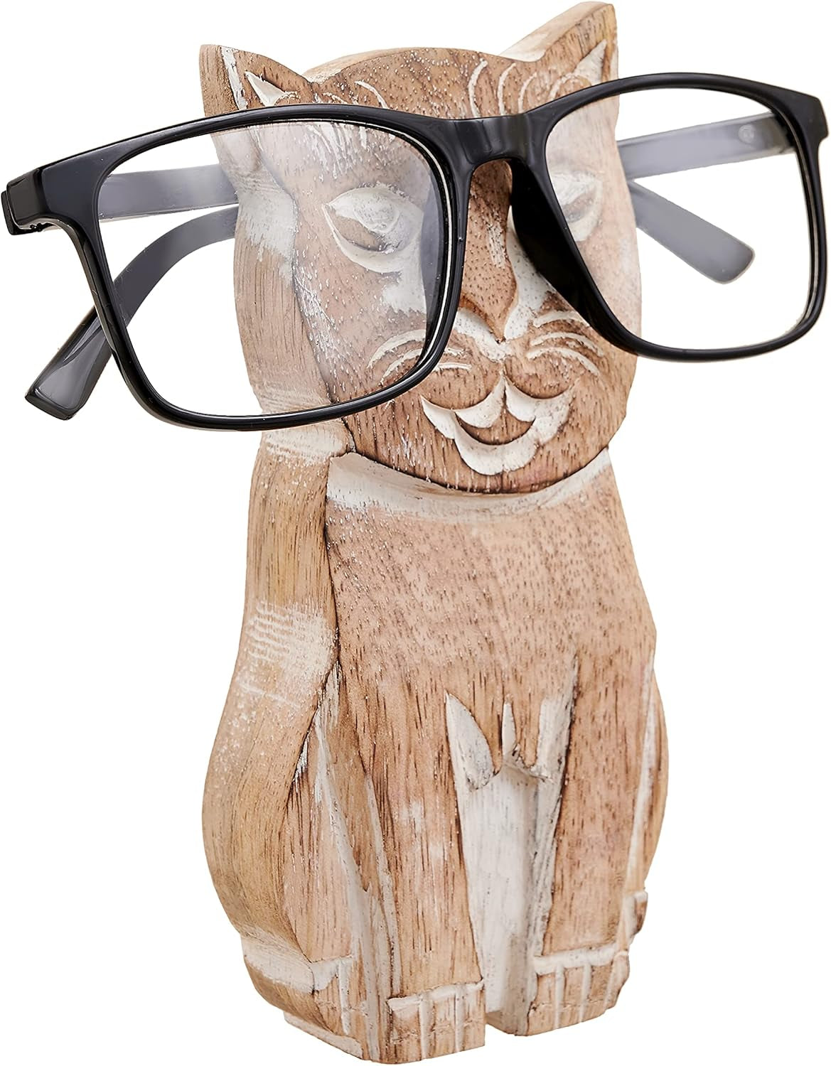 Cat Eyeglass Holder for Desk | Wood Spectacle Holder | White Wash Design | Tabletop Countertop Accessories | Optical Glass Protection | Home Office Desk Supplies | Home Office Decor | Great Gift