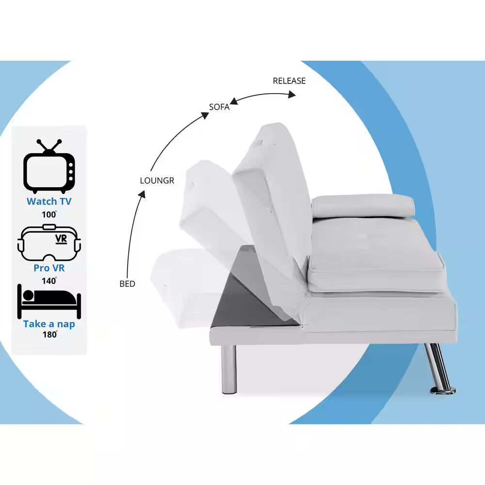 White, Futon Sofa Bed Faux Leather Futon Couch with Armrest and 2-Cupholders, Sofa Bed Couch Convertible with Metal Legs