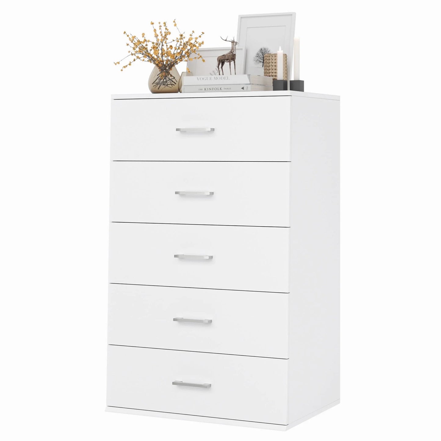 5 Drawers White Dresser, Vertical Dresser with Metal Handles for Bedroom Living Room