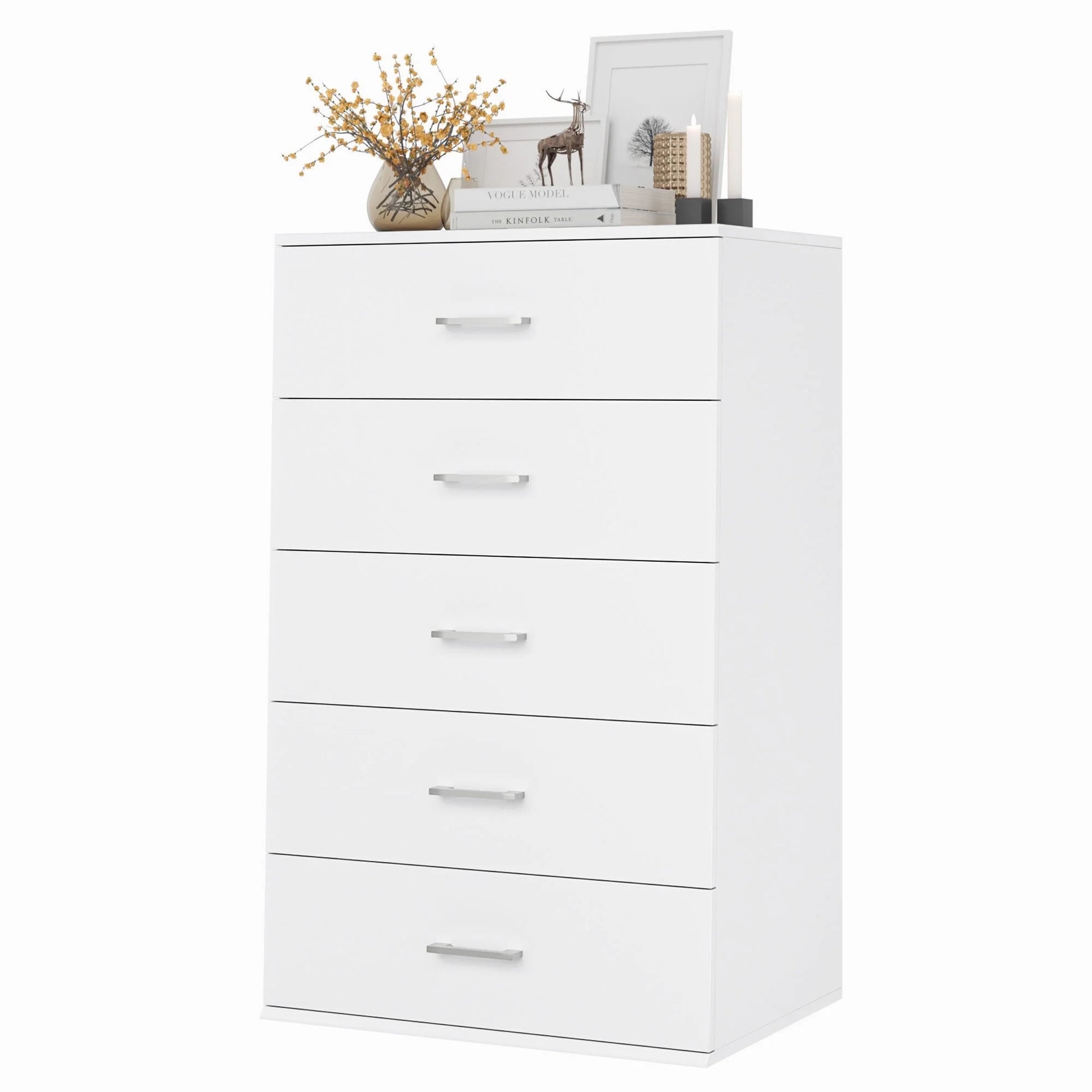 5 Drawers White Dresser, Vertical Dresser with Metal Handles for Bedroom Living Room