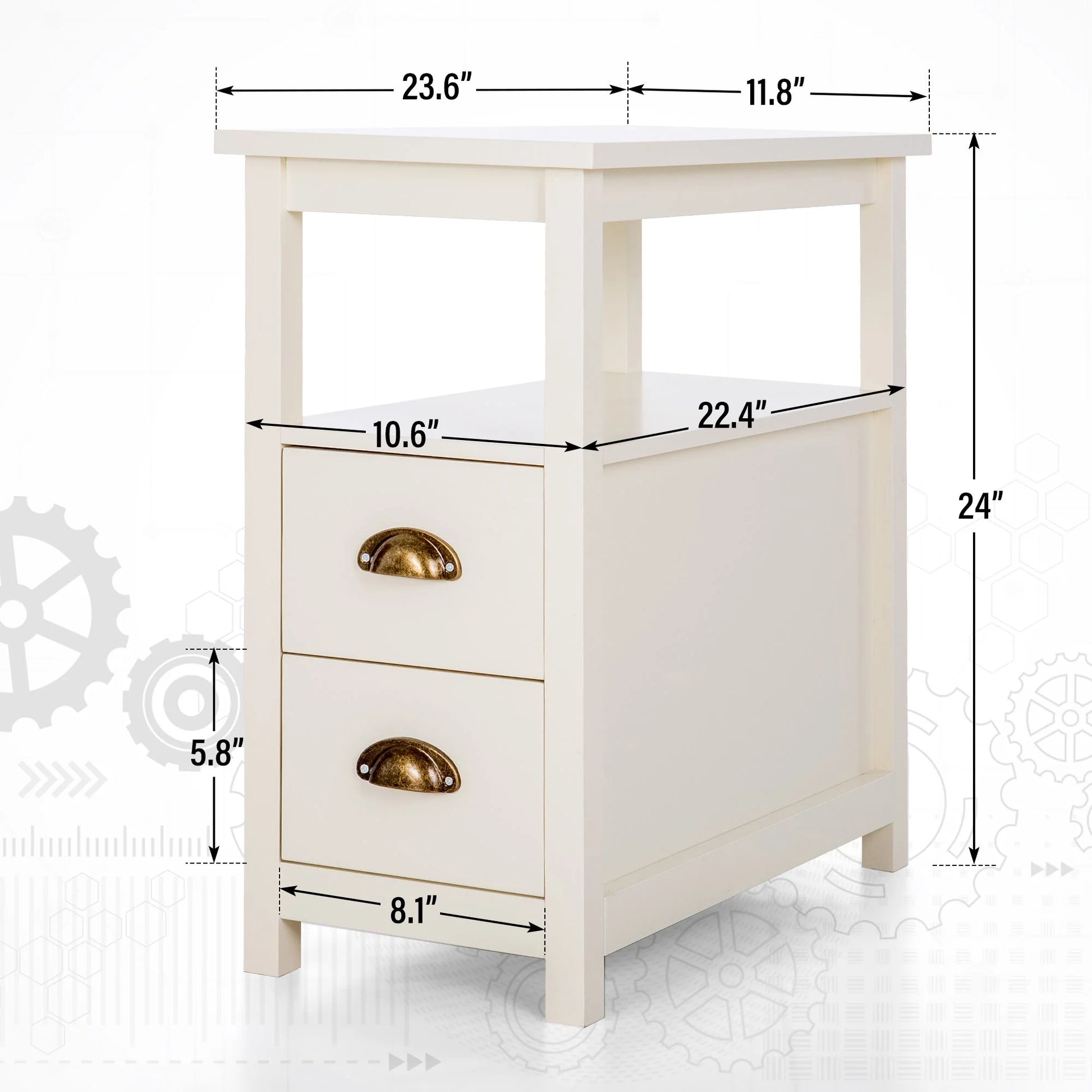 Narrow End Table 4-Tier Small Side Table with 2 Drawers Nightstand Side Table Bedside Table Sofa Table, White, 1PC