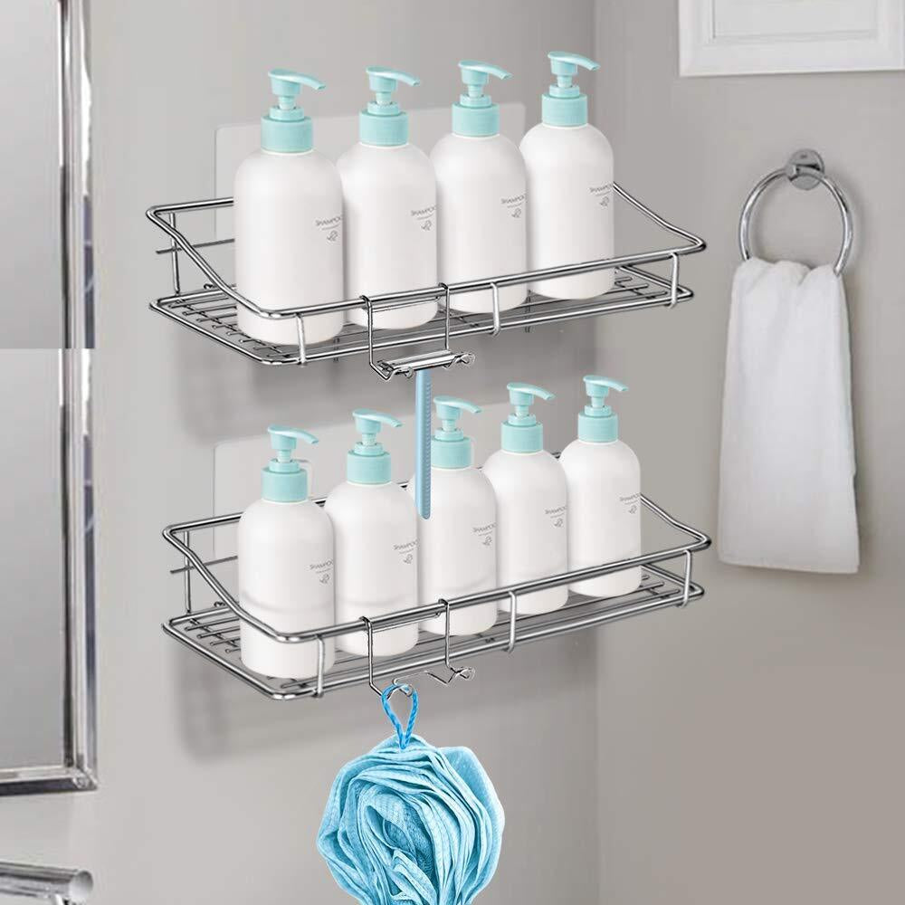 Shower Caddy Shelf Storage Rack Adhesive without Drilling Stainless Steel Hooks