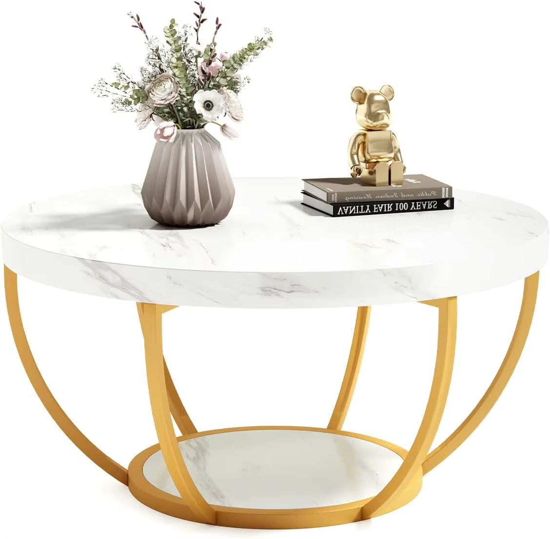 32" Circle Marble Coffee Tables, 2-Tier Golden Metal Legs Accent Center Table with Open Storage Modern Design Home Furniture