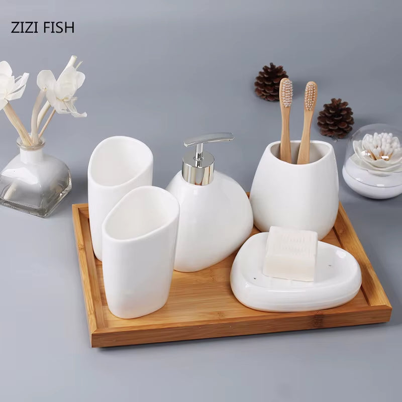 China Ceramics Bathroom Accessories Set Soap Dispenser/Toothbrush Holder/Tumbler/Soap Dish Tray Washing Set Bathroom Products